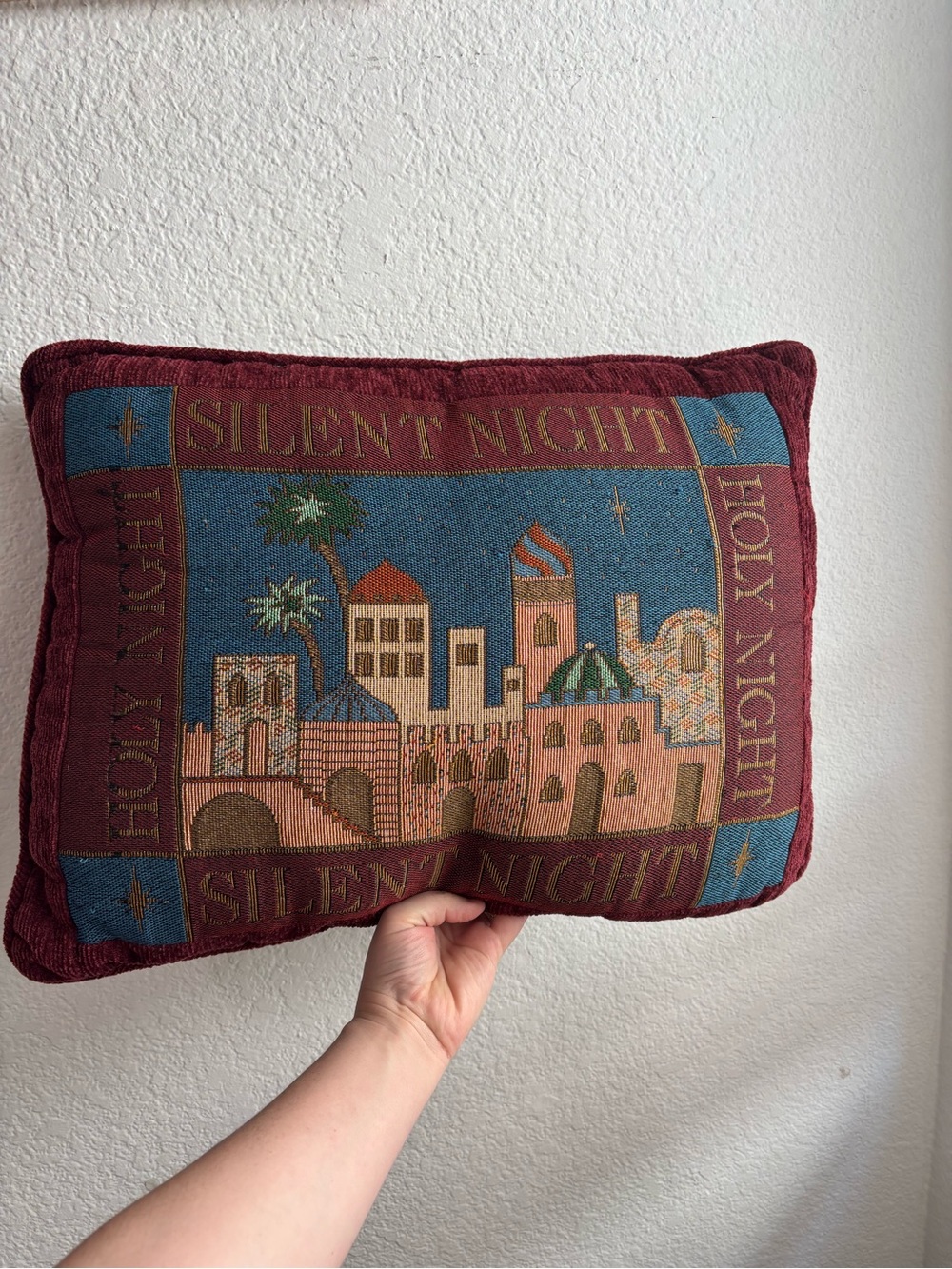 Vintage Silent Night Holy Night Christmas Tapestry Throw Pillow Nativity Decor